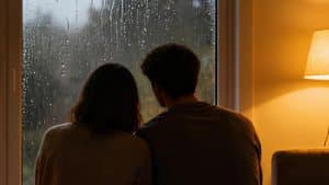 A couple sitting in a dimly lit room infornt of a glass door watching heavy rain pouring out, next to a glowing lampshade