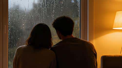 A couple sitting in a dimly lit room infornt of a glass door watching heavy rain pouring out, next to a glowing lampshade