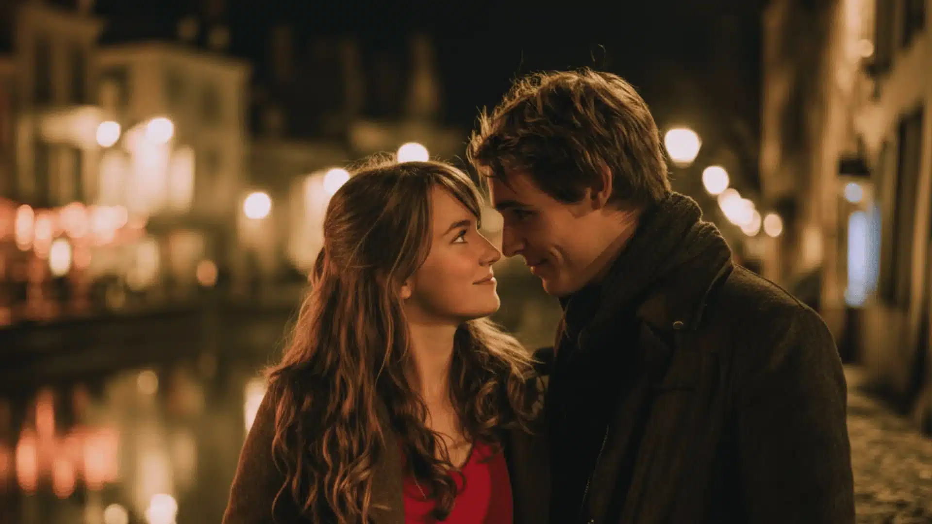 A man and woman gaze lovingly at each other by a canal at night their noses touching under warm glowing city street lights