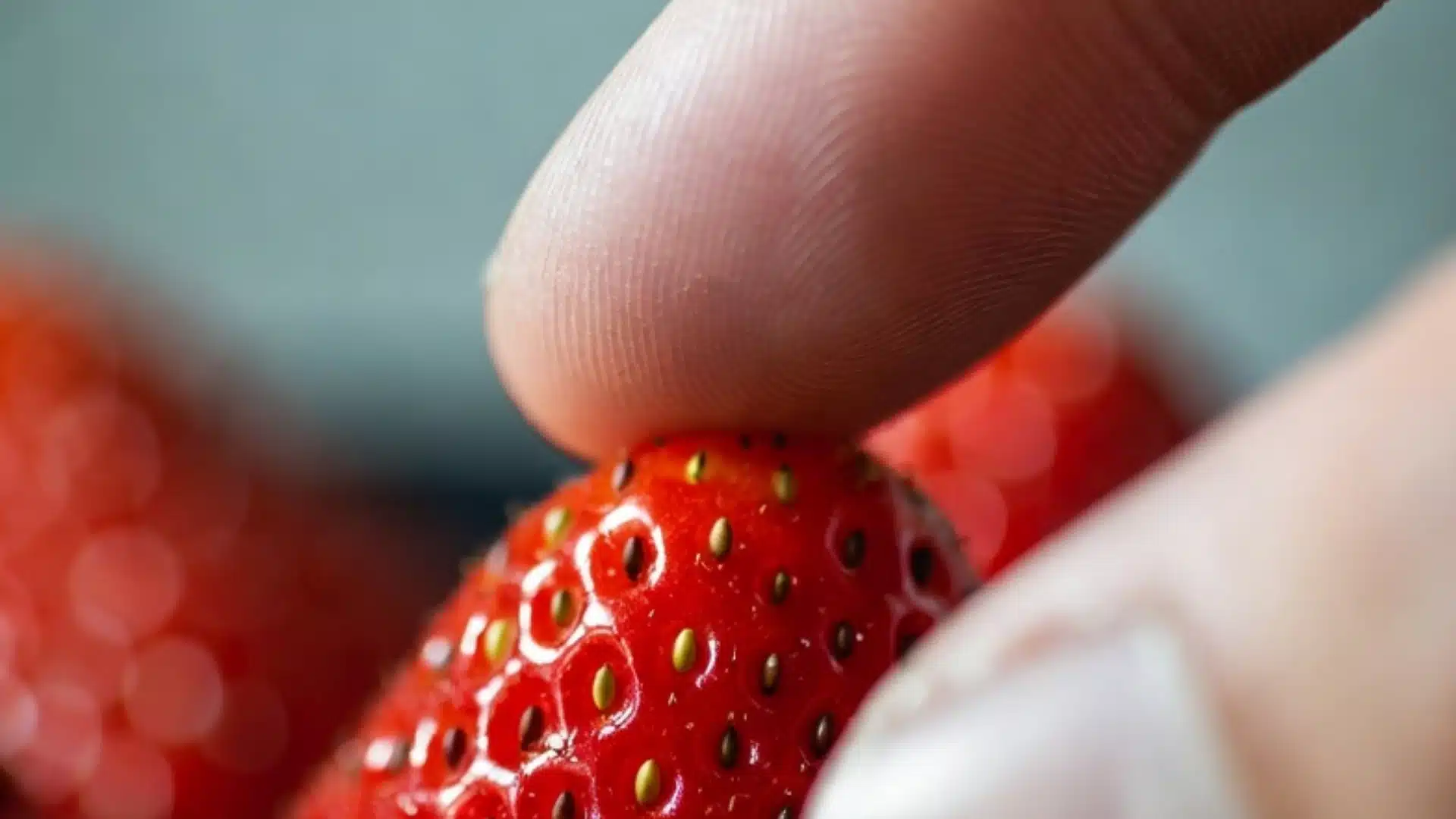 An extreme close-up of a fingertip gently pressing on the bumpy, red surface of a strawberry