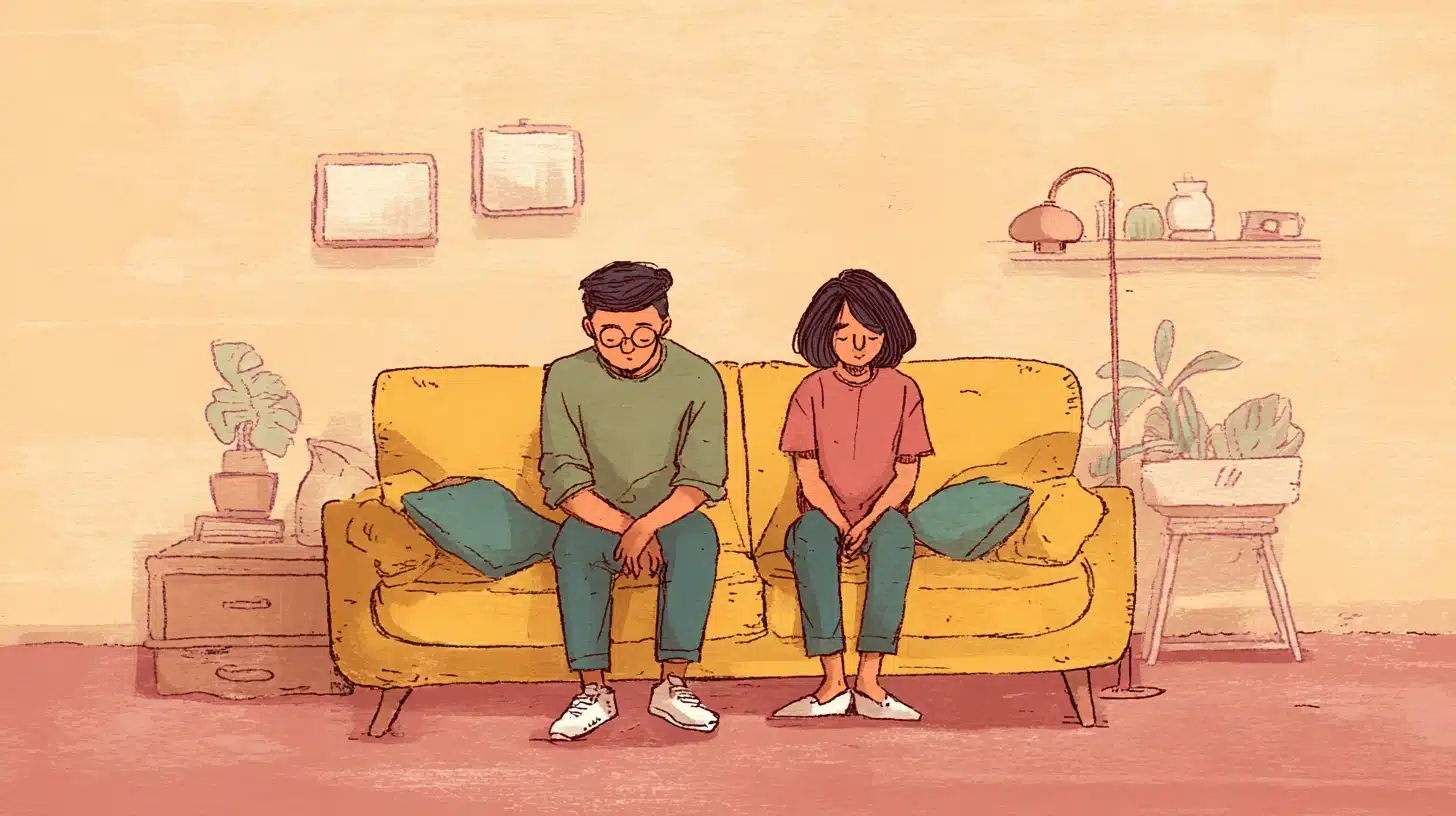An illustration of a couple sitting separately on a yellow couch in a warmly colored room
