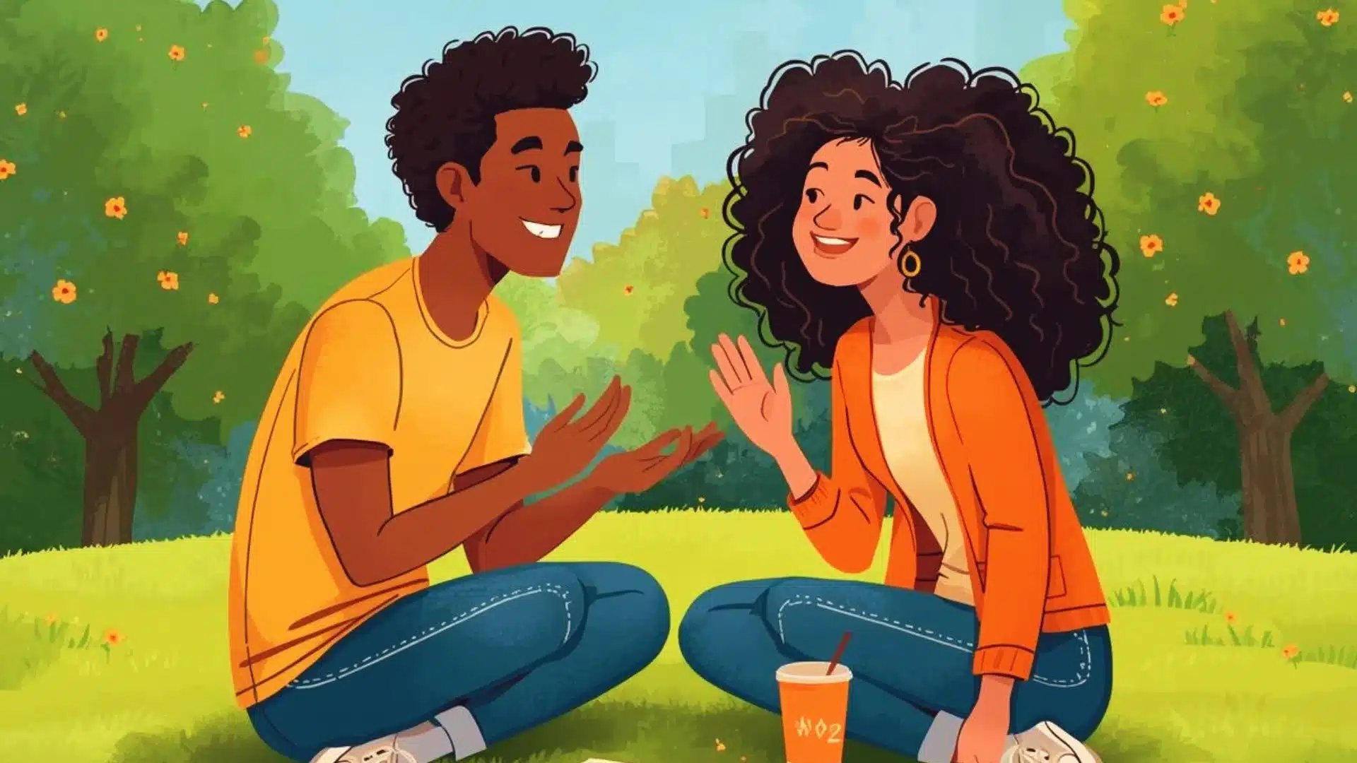 An illustration of a smiling couple sitting in a sunny green park, talking beside a cup with a straw