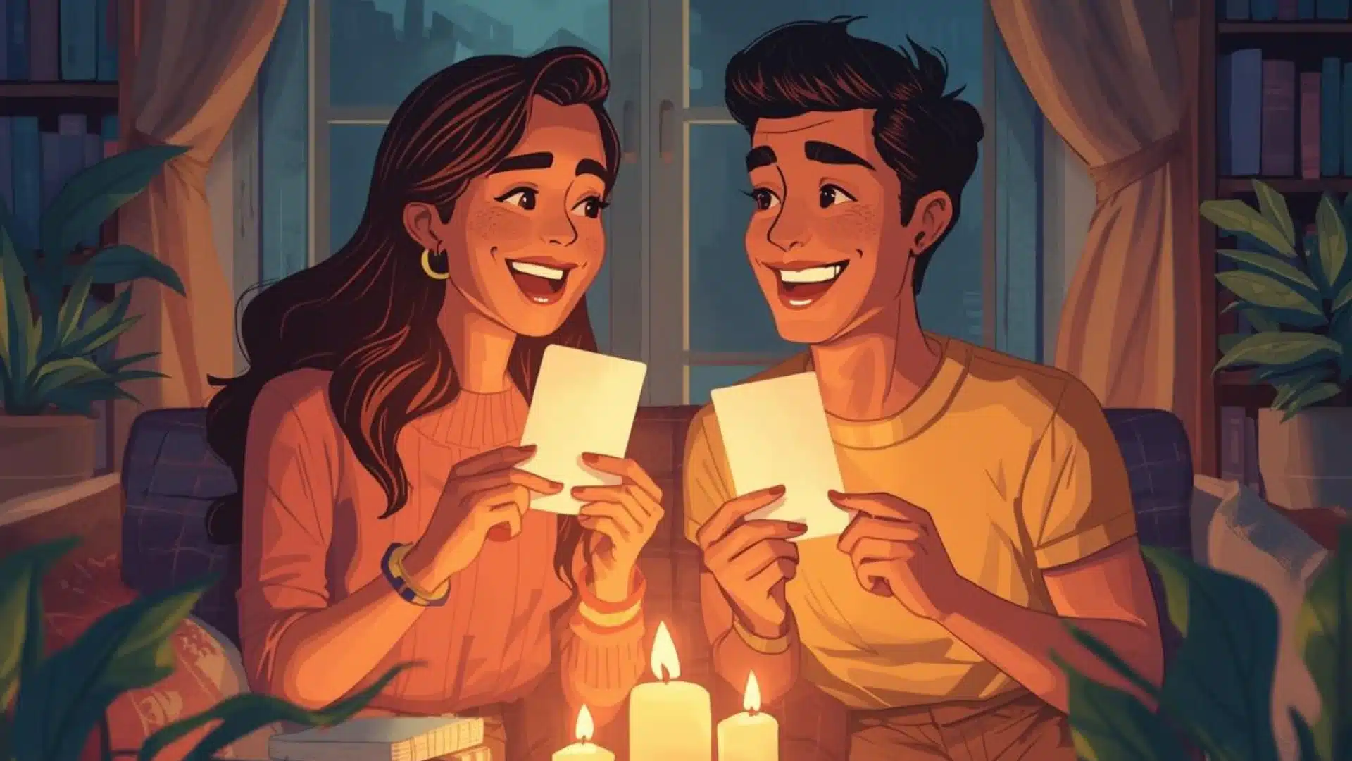 An illustration of a smiling couple sitting indoors holding white cards near glowing candles