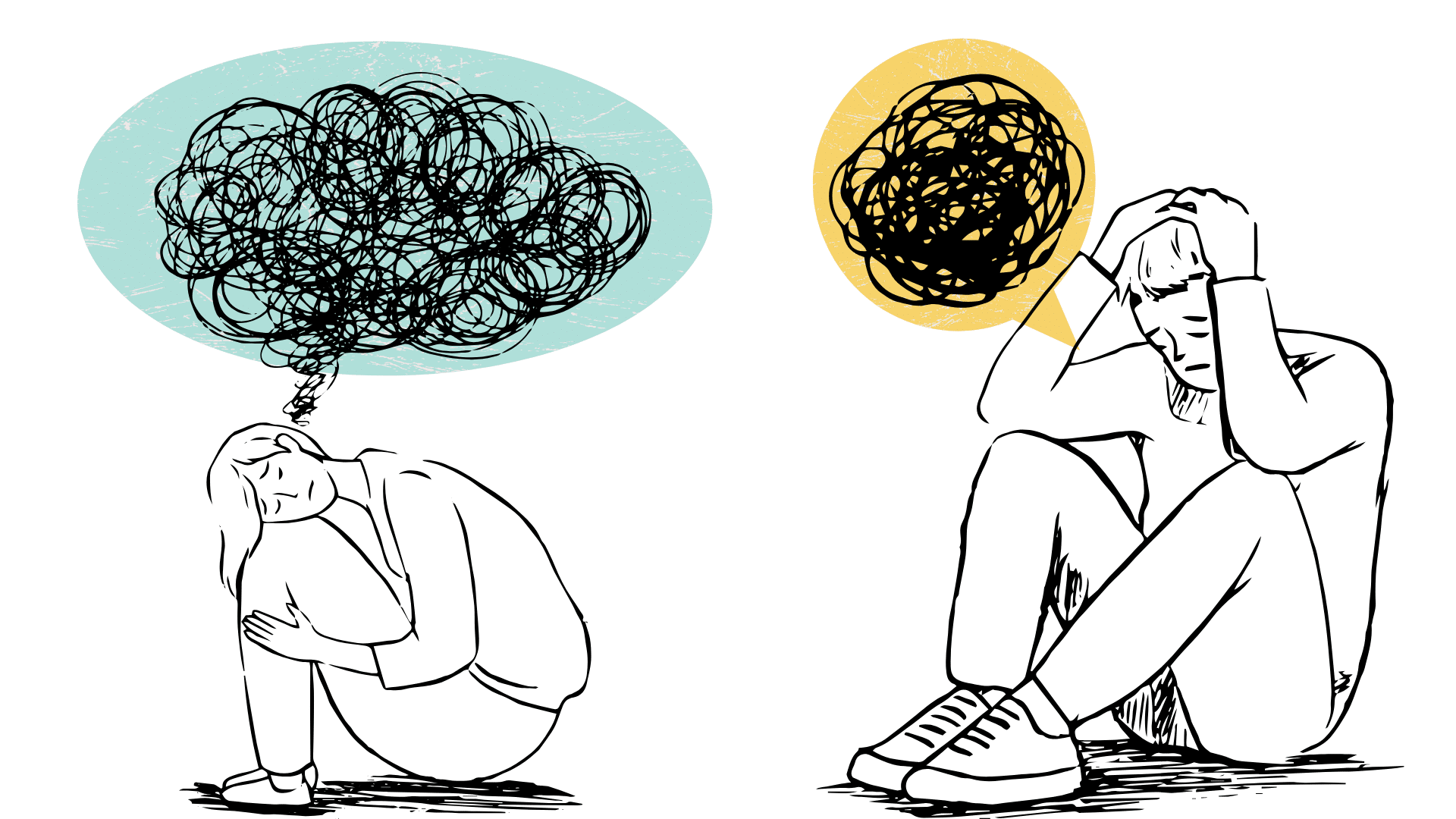 An illustration showing two figures hunched over, representing anxiety or mental distress, with tangled scribbles in thought bubbles above their heads