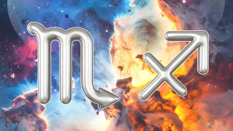 An image of a silver Scorpio and Sagittarius zodiac symbols against a colorful cosmic water and fire background