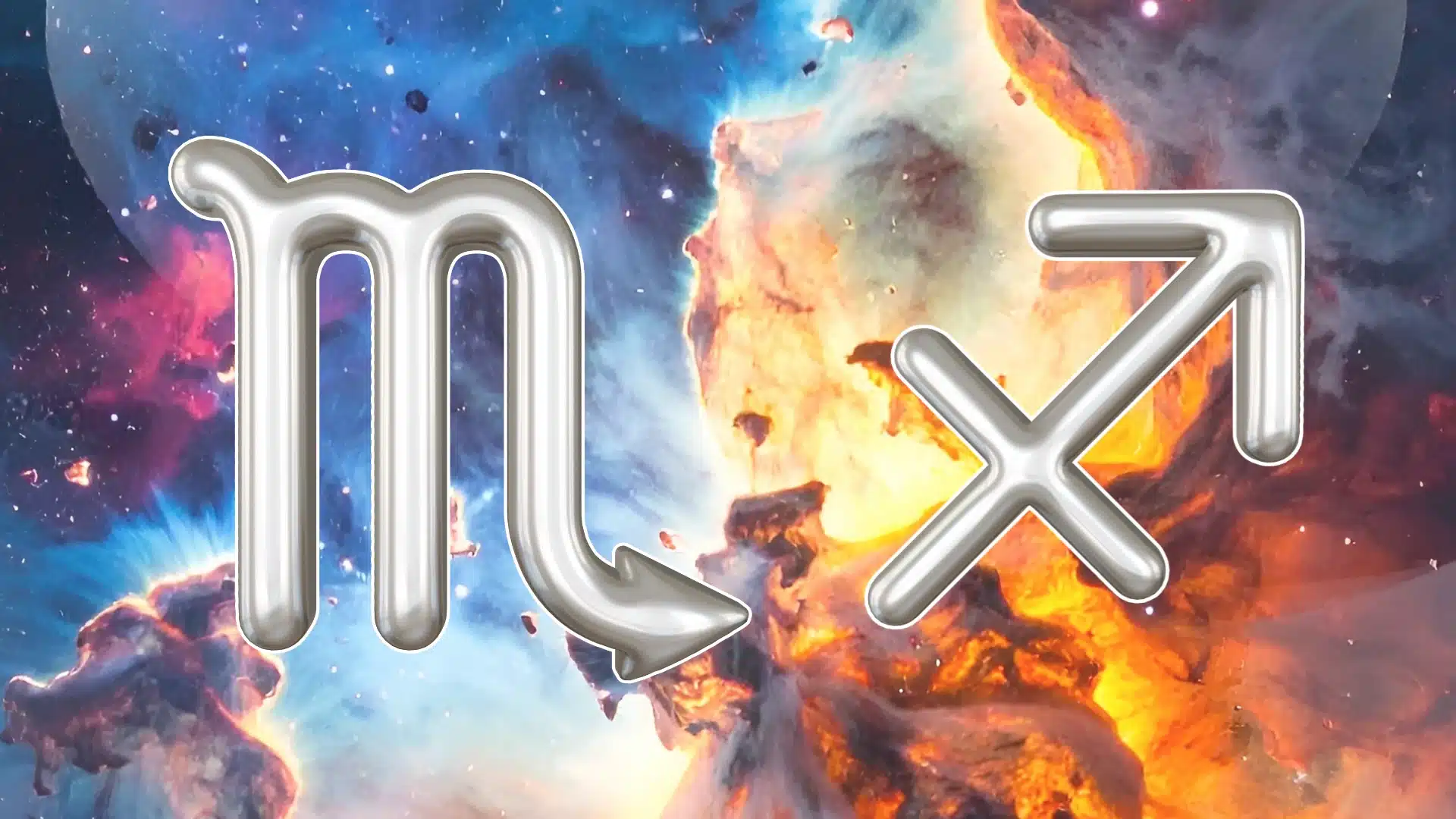 An image of a silver Scorpio and Sagittarius zodiac symbols against a colorful cosmic water and fire background