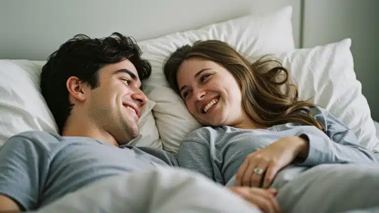 An image of a smiling young couple in grey pajamas lying close to each other in bed, surrounded by white pillows