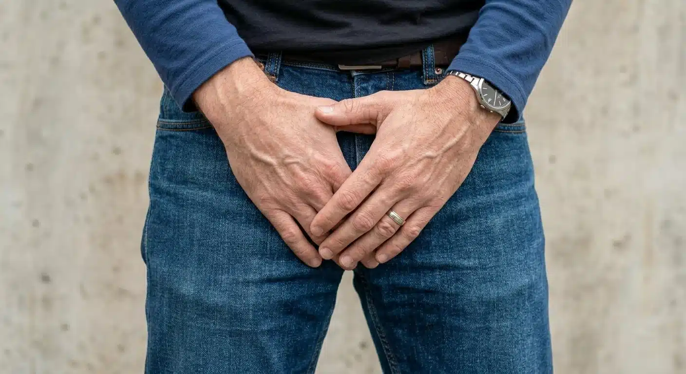 An image showing a close-up shot of a man in blue jeans and a blue shirt holding his hands over his groin area