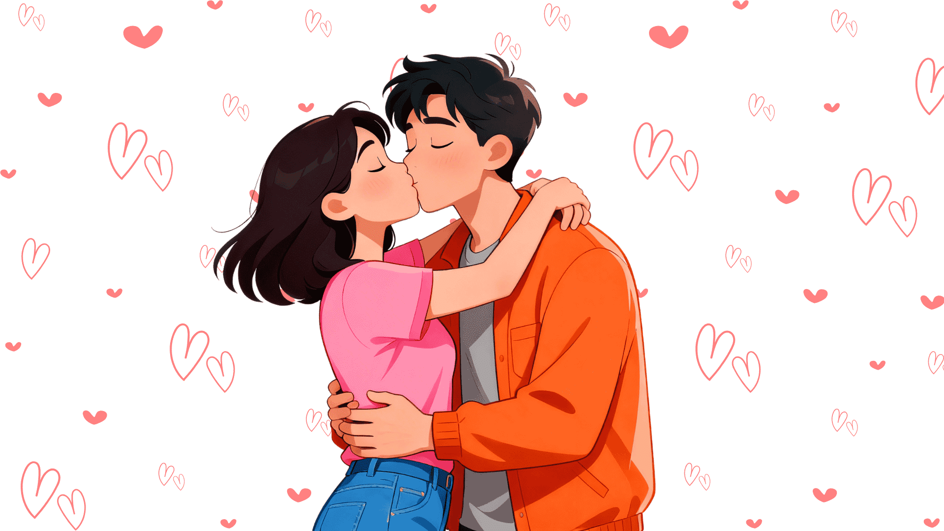 Anime style illustration of a young couple kissing passionately against a white background patterned with pink hearts