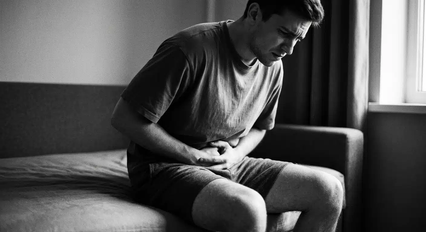 Black and white image showing a distressed man wearing shorts and sitting on a couch, clutching his abdomen in apparent pain