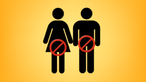 Black gender icons for male and female stand side-by-side with red prohibition signs over their private areas