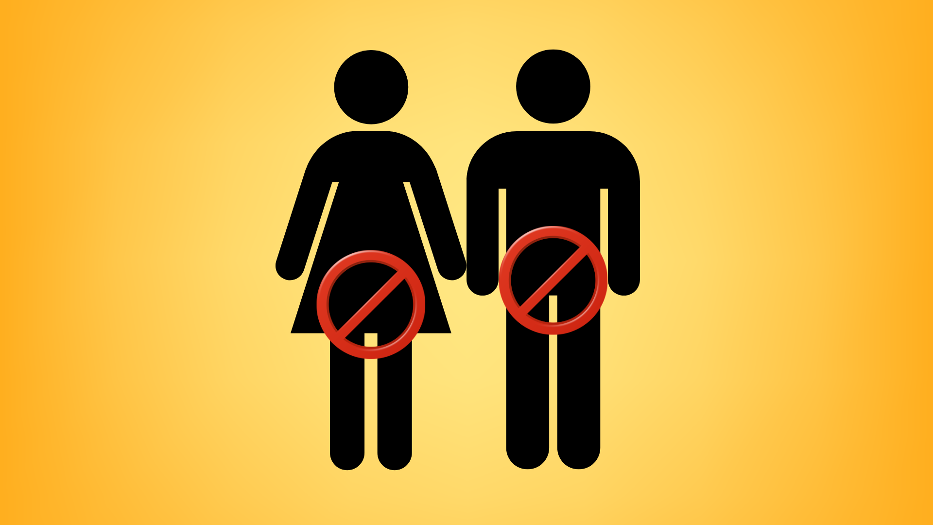 Black gender icons for male and female stand side-by-side with red prohibition signs over their private areas