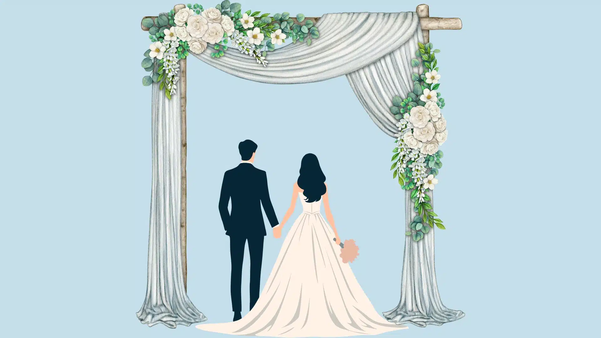 Bride and groom holding hands under a floral wedding arch with draped fabric, symbolizing marriage and a romantic ceremony