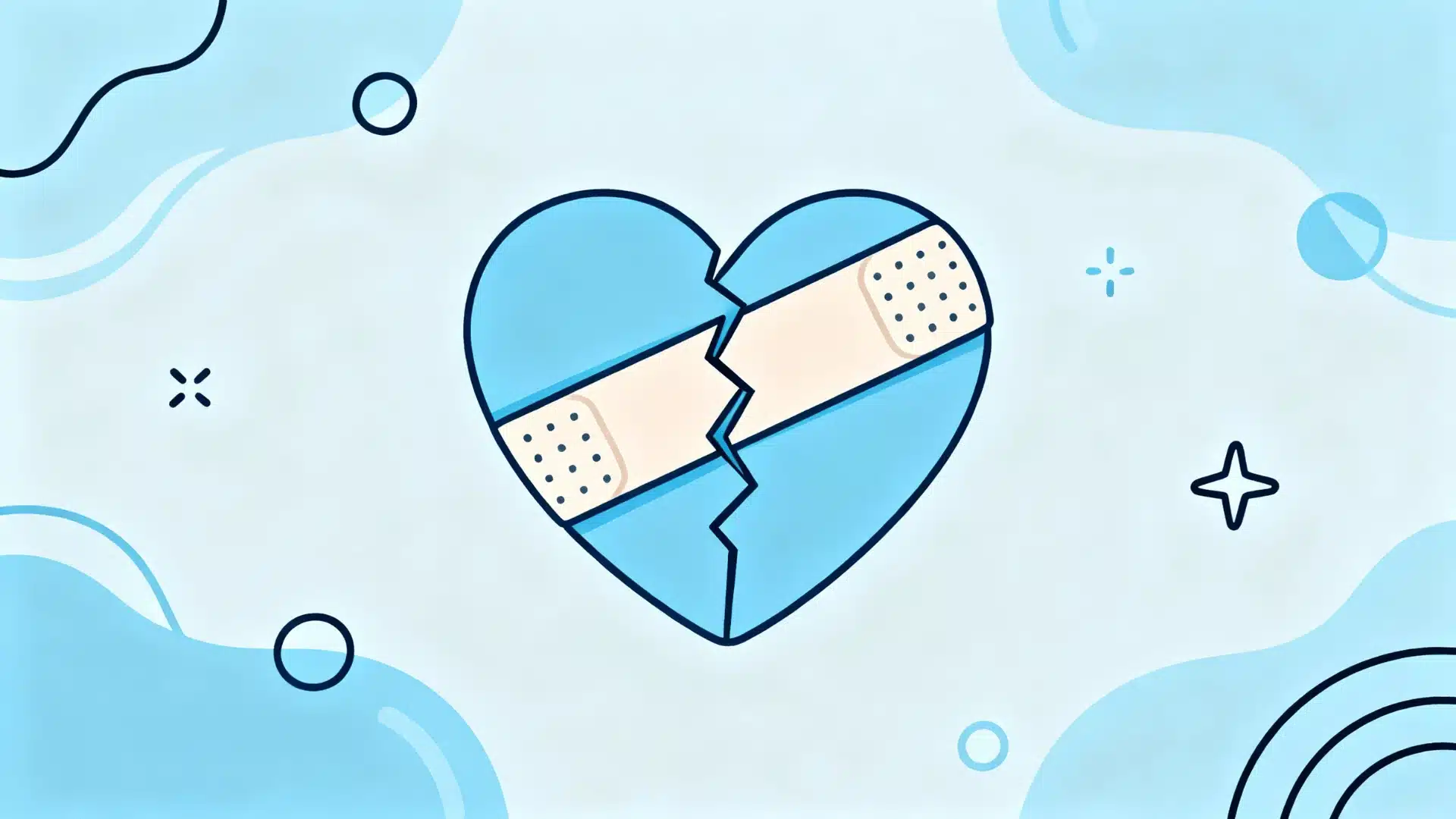 Broken heart with bandage across crack, set on soft abstract background with minimal shapes
