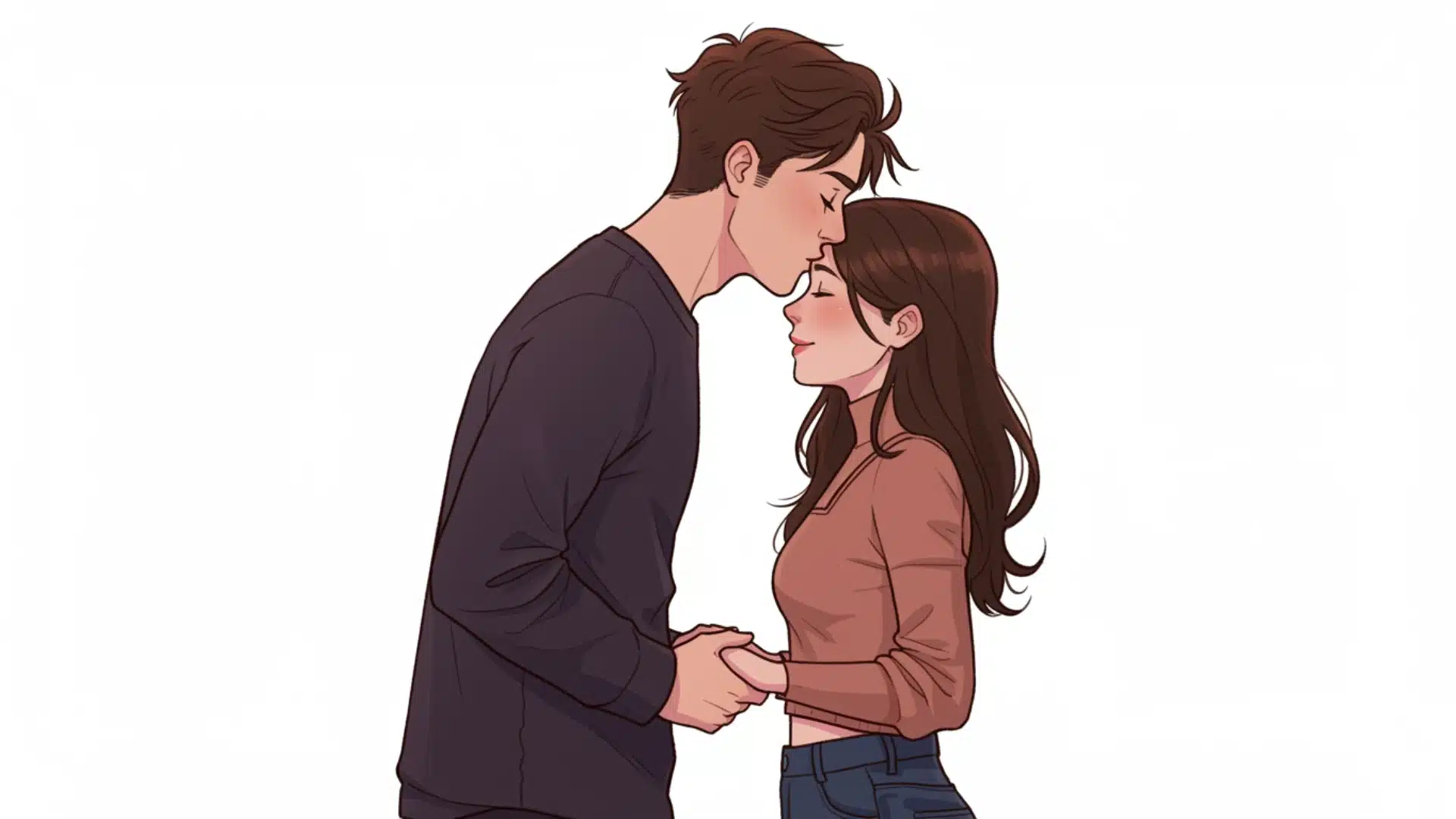 Cartoon illustration of a young man gently kissing a smiling young woman on the forehead while they hold hands against a white background