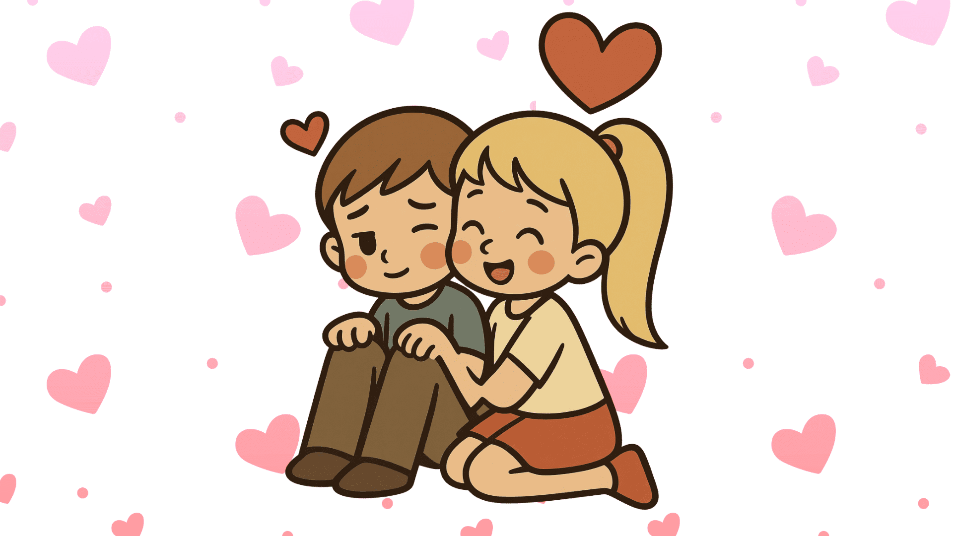 Cartoon of a smiling girl hugging a shy boy sitting cross-legged. Pink hearts in the background convey warmth, affection, and playfulness