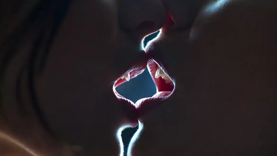 Close-up of two people kissing, with their lips softly touching. The image is intimate and romantic, highlighting sensual connection and affection