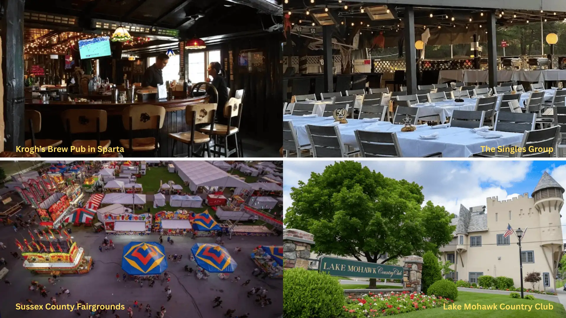 Collage of Singles event venues in New Jersey, Krogh's Brew Pub, Sussex County Fairgrounds, The Singles Ground, and Lake Mohawk Country Club