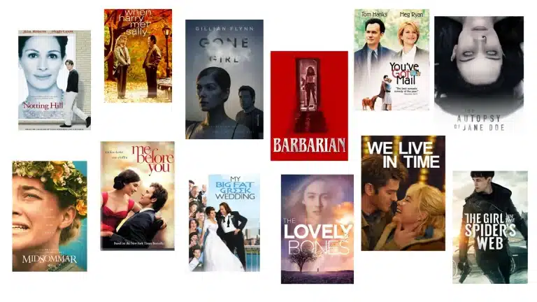 Collage of movie posters featuring titles like Notting Hill, Gone Girl, Midsommar, and You've Got Mail