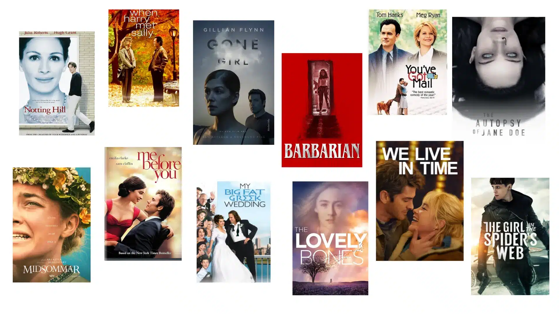 Collage of movie posters featuring titles like Notting Hill, Gone Girl, Midsommar, and You've Got Mail