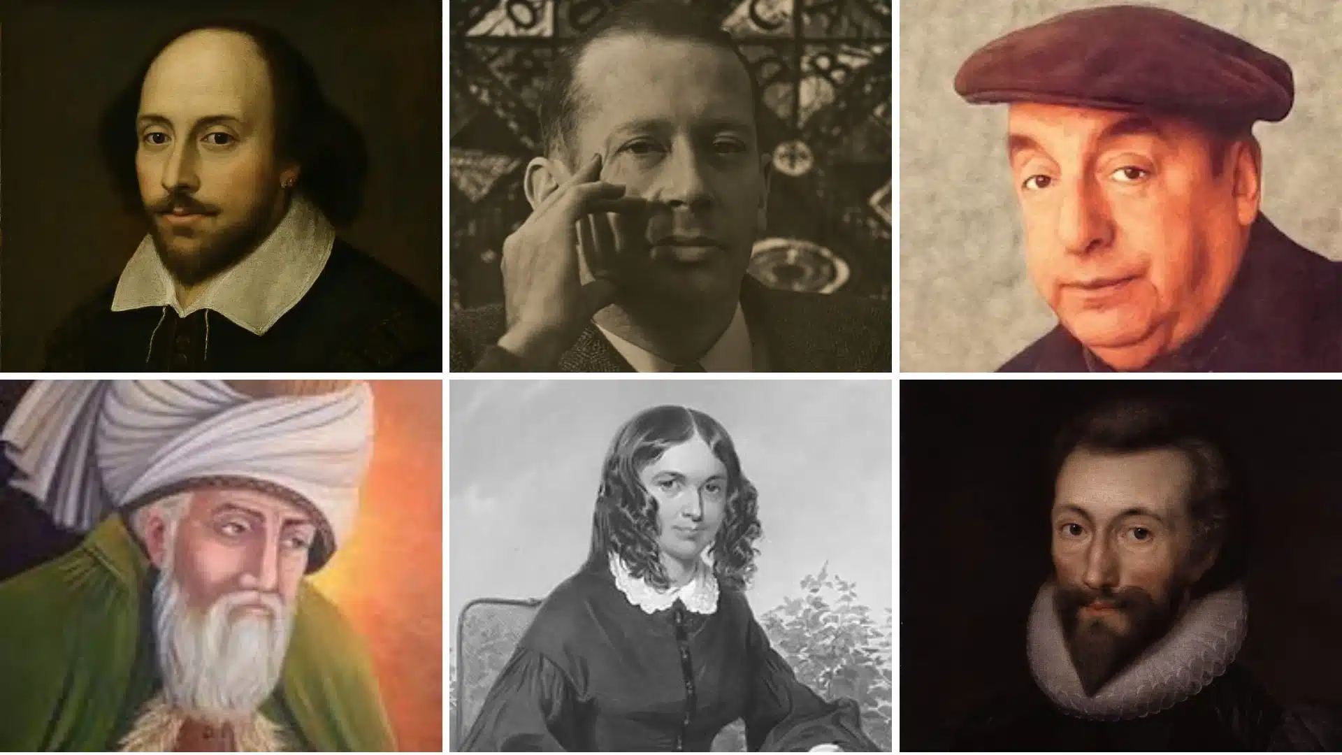 Collage of six historical poets, William Shakespeare, Elizabeth browning, Pablo Neruda, Rumi, E.E. Cummings, and John Donne