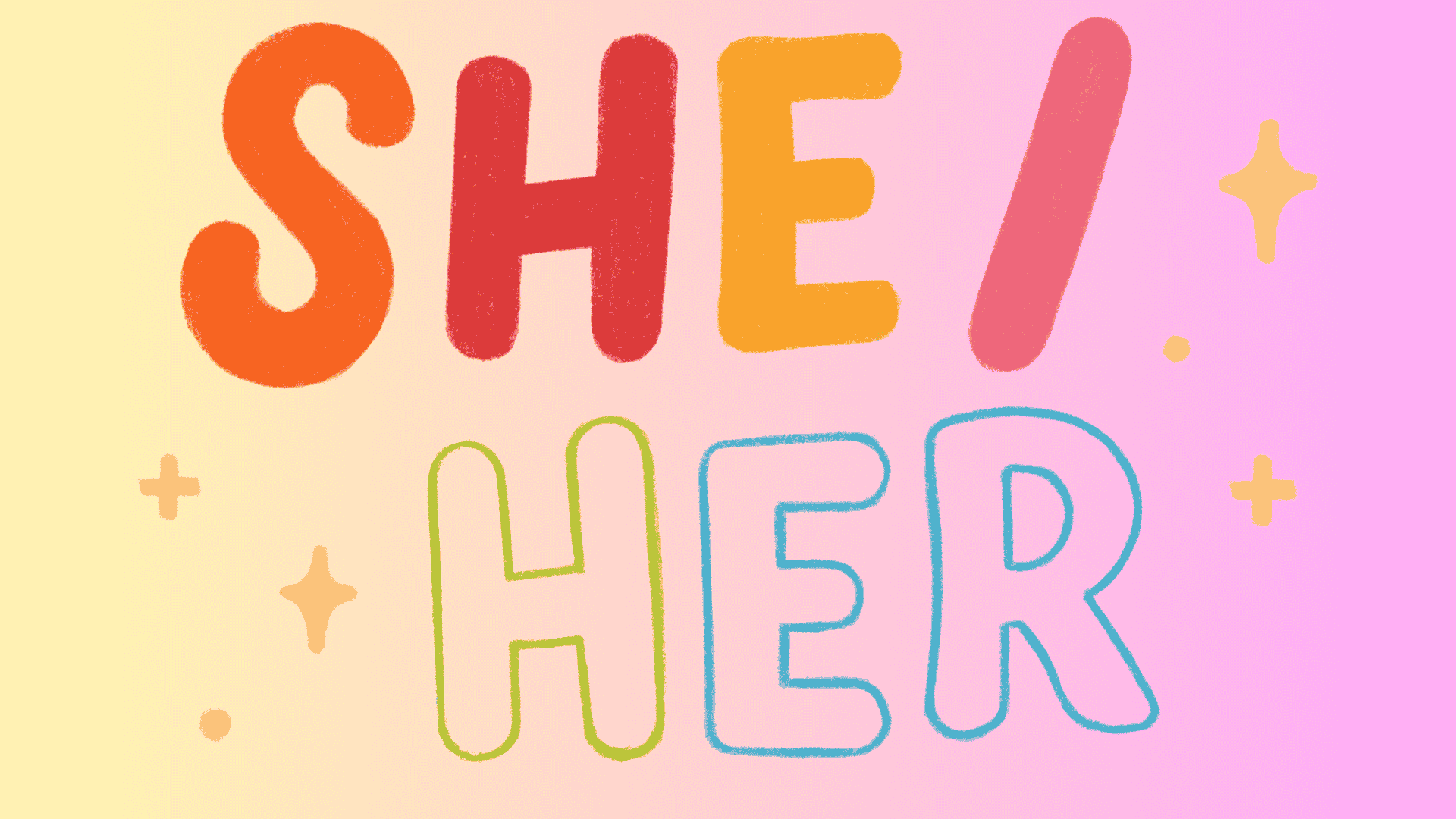 Colorful, textured graphic displaying the pronouns SHEHER against a soft, multicolored gradient background with small star accents