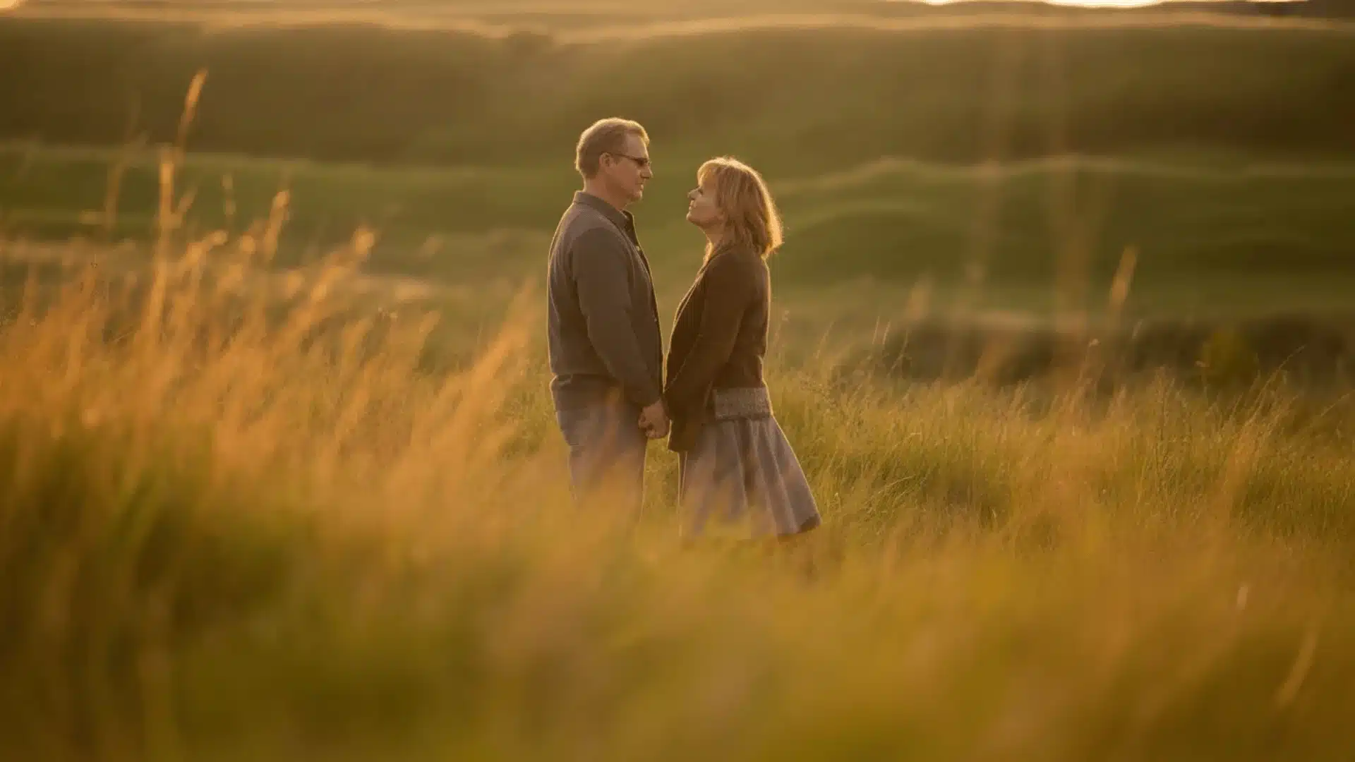 Couple in their 40s holding hands in a field during sunset with soft golden light