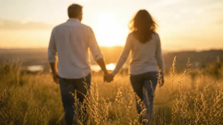 Couple in their 40s holding hands walking through sunlit field during warm golden hour