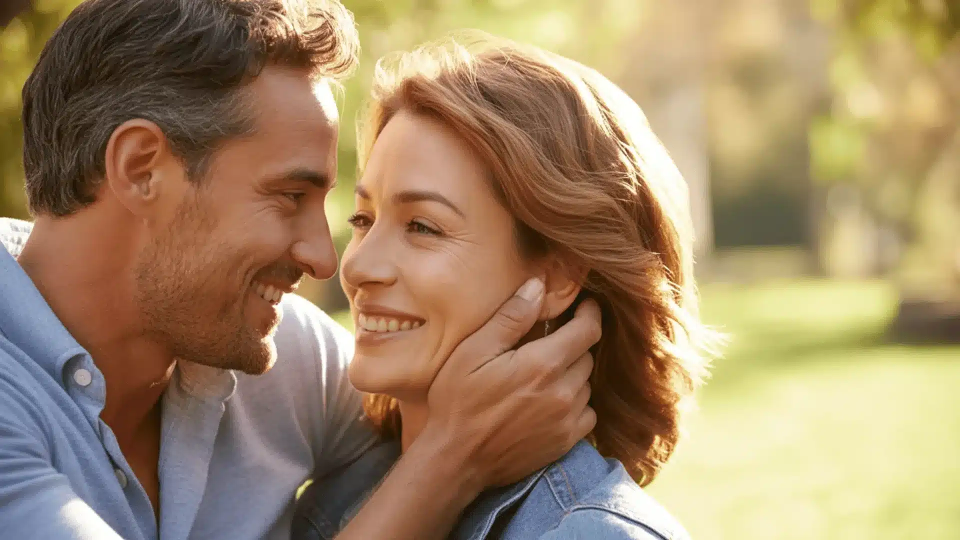 Couple in their 40s sharing a close moment, smiling and looking at each other outdoors