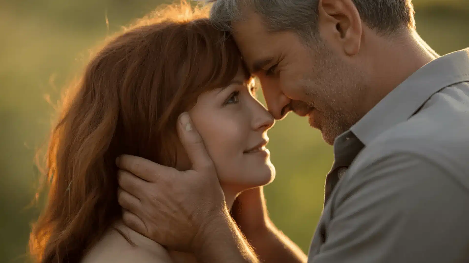 Couple in their 40s sharing a close moment with gentle touch and warm outdoor light