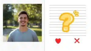 Dating profile layout with smiling man’s photo on left and blank bio with question mark, heart and X icons on right