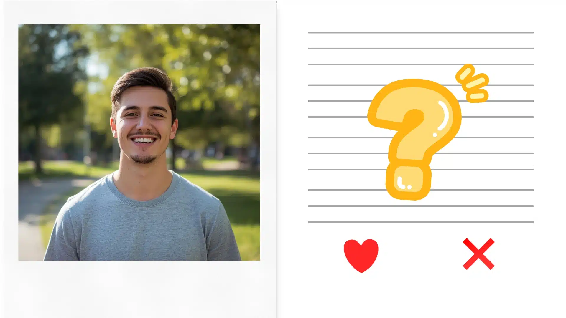 Dating profile layout with smiling man’s photo on left and blank bio with question mark, heart and X icons on right