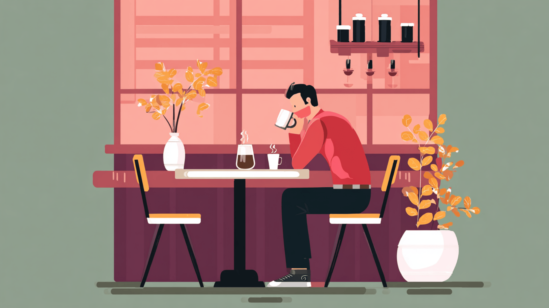 Flat illustration of a man in solo date wearing a red shirt drinking coffee inside a cafe with orange foliage decorations