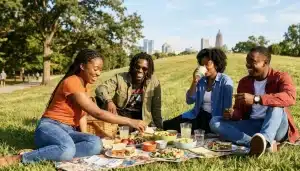 Four young adults enjoy a sunny park picnic with food and drinks spread on a blanket, set against a backdrop of green hills and a distant city skyline