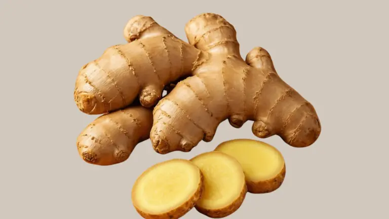 Fresh ginger roots and three round yellow slices on an orange background showing how ginger benefits sexually naturally