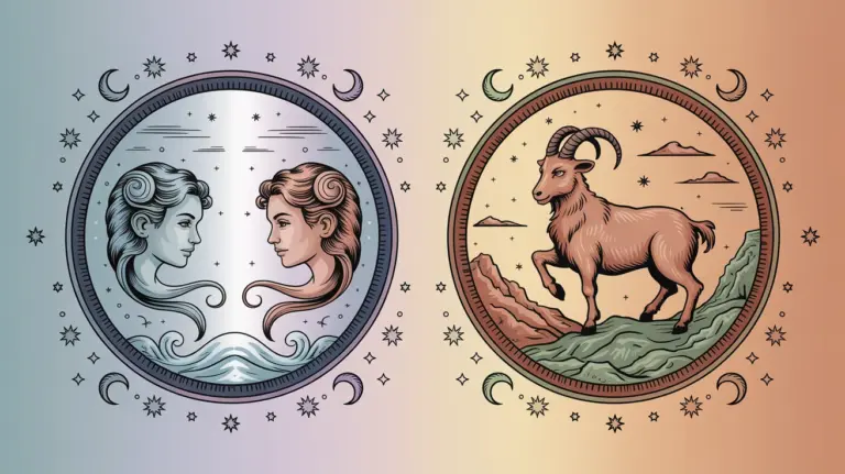 Gemini and Capricorn zodiac signs depicted with the sun and moon in a celestial design
