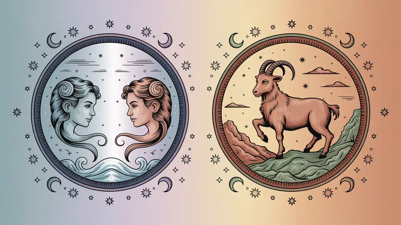 Gemini and Capricorn zodiac signs depicted with the sun and moon in a celestial design