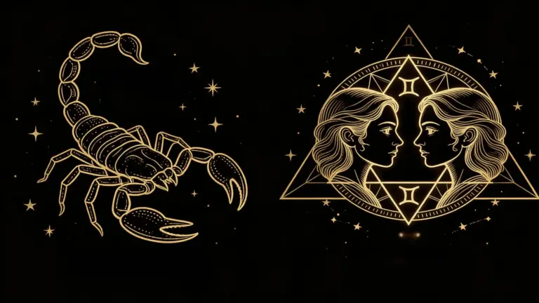 Gold scorpion and woman on a black background, symbolizing Gemini and Scorpio compatibility in astrology
