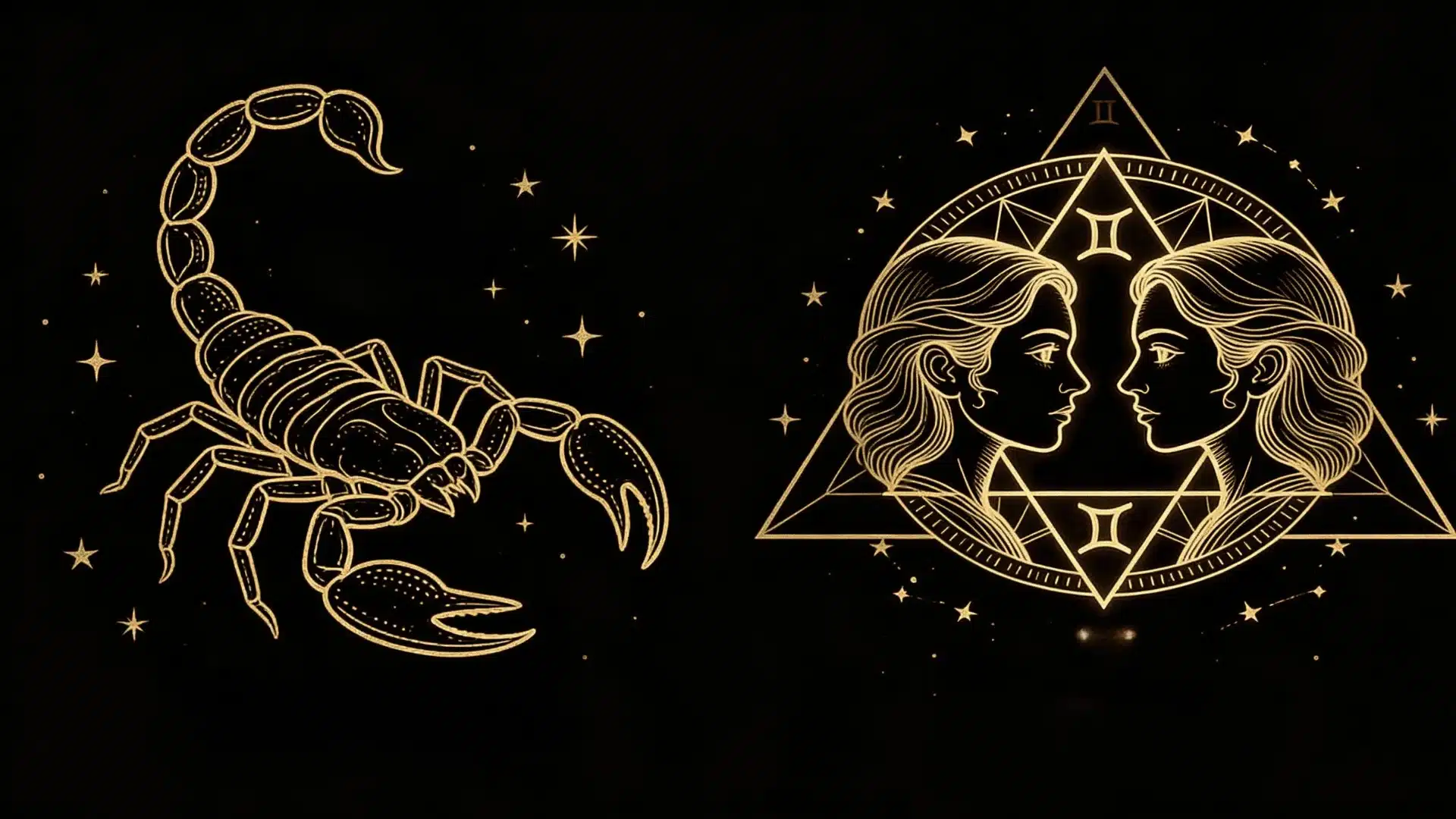 Gold scorpion and woman on a black background, symbolizing Gemini and Scorpio compatibility in astrology