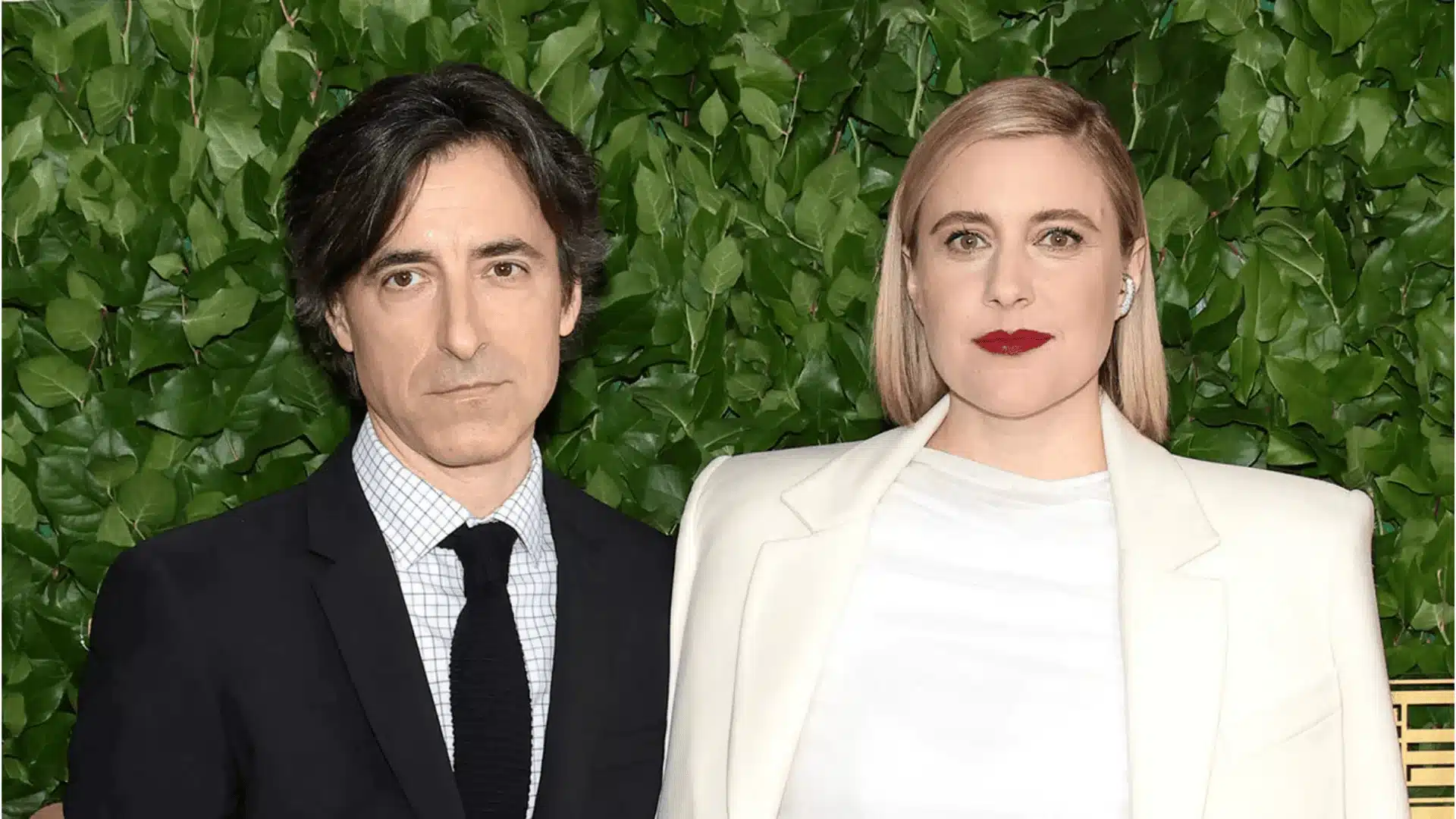 Greta Gerwig and Noah Baumbach standing side by side both smiling warmly in a relaxed outdoor setting radiating comfort and ease