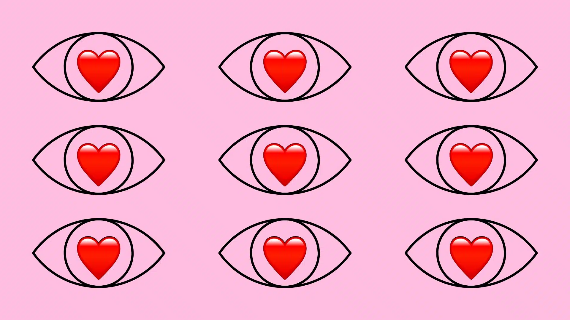 Grid pattern of nine stylized eyes with glossy red hearts as pupils against a solid light pink background