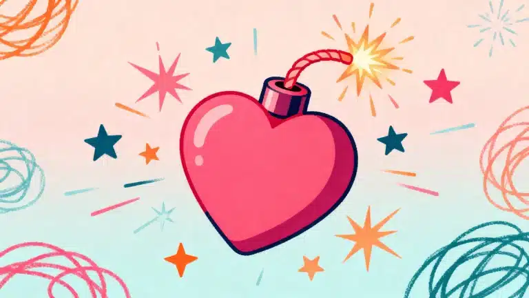 Heart-shaped bomb with lit fuse, surrounded by colorful stars and abstract doodles on pastel background.