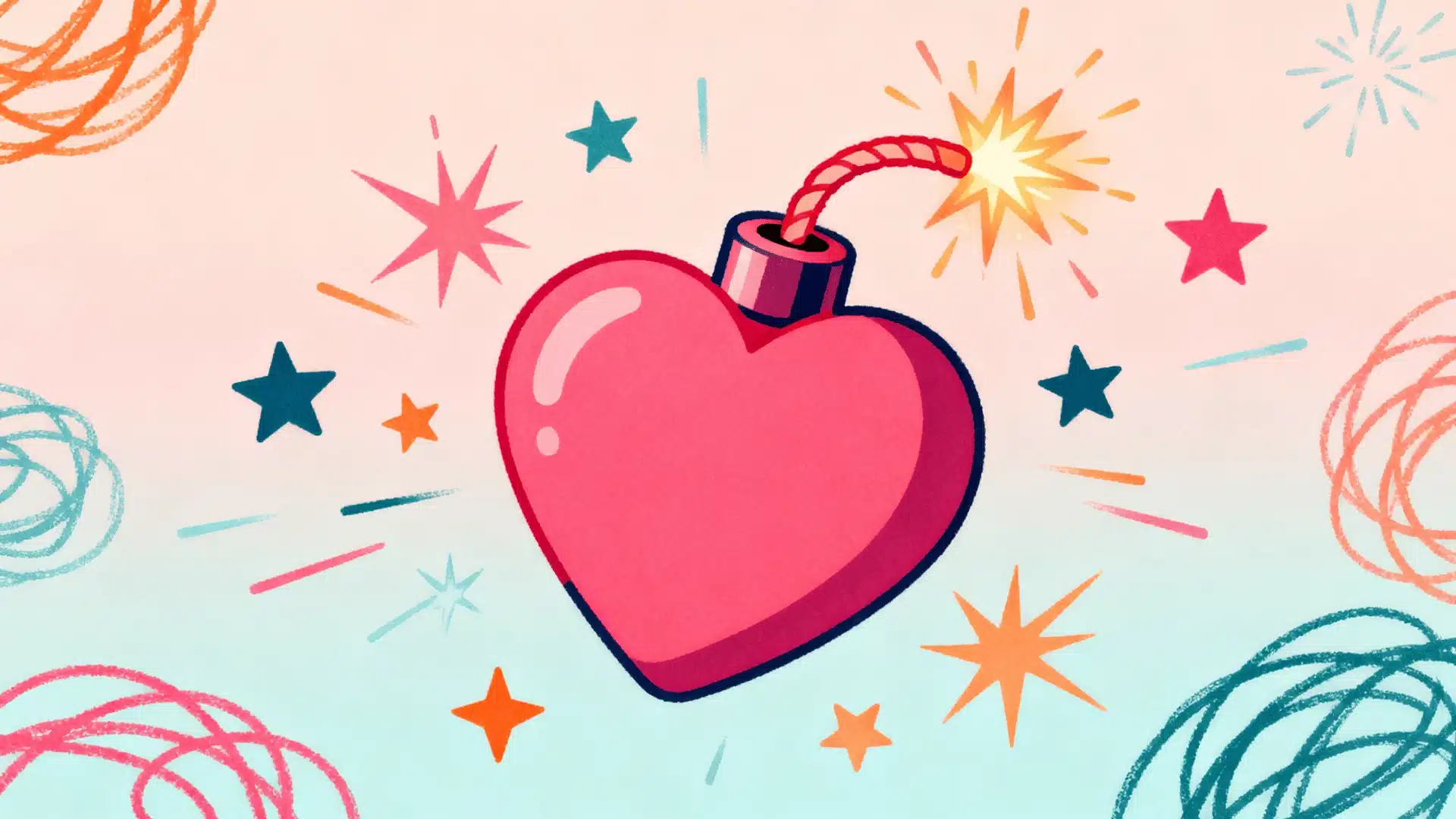 Heart-shaped bomb with lit fuse, surrounded by colorful stars and abstract doodles on pastel background.
