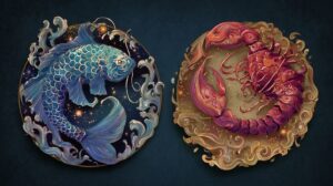 Illustrated zodiac art of Pisces fish and Scorpio scorpion in ornate circular designs symbolizing scorpio pisces compatibility and cosmic connection