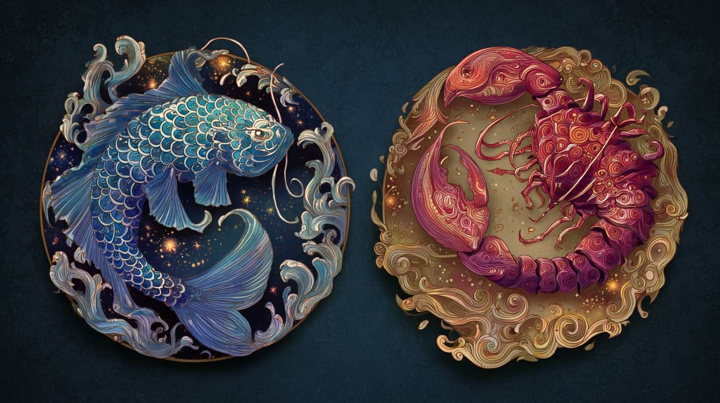 Illustrated zodiac art of Pisces fish and Scorpio scorpion in ornate circular designs symbolizing scorpio pisces compatibility and cosmic connection