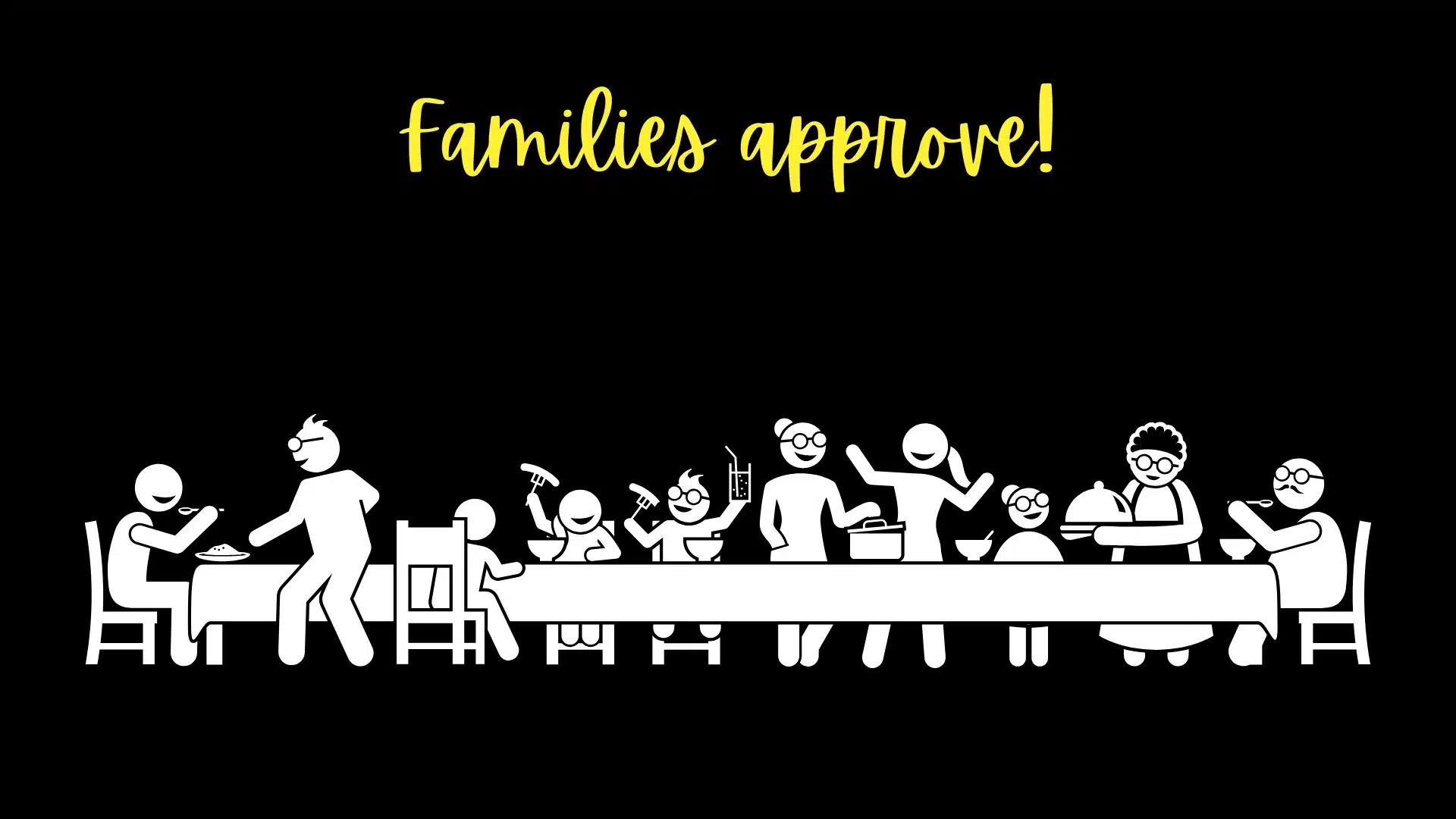 Illustration of a large family gathered around a dining table, eating and celebrating under the text Families approved