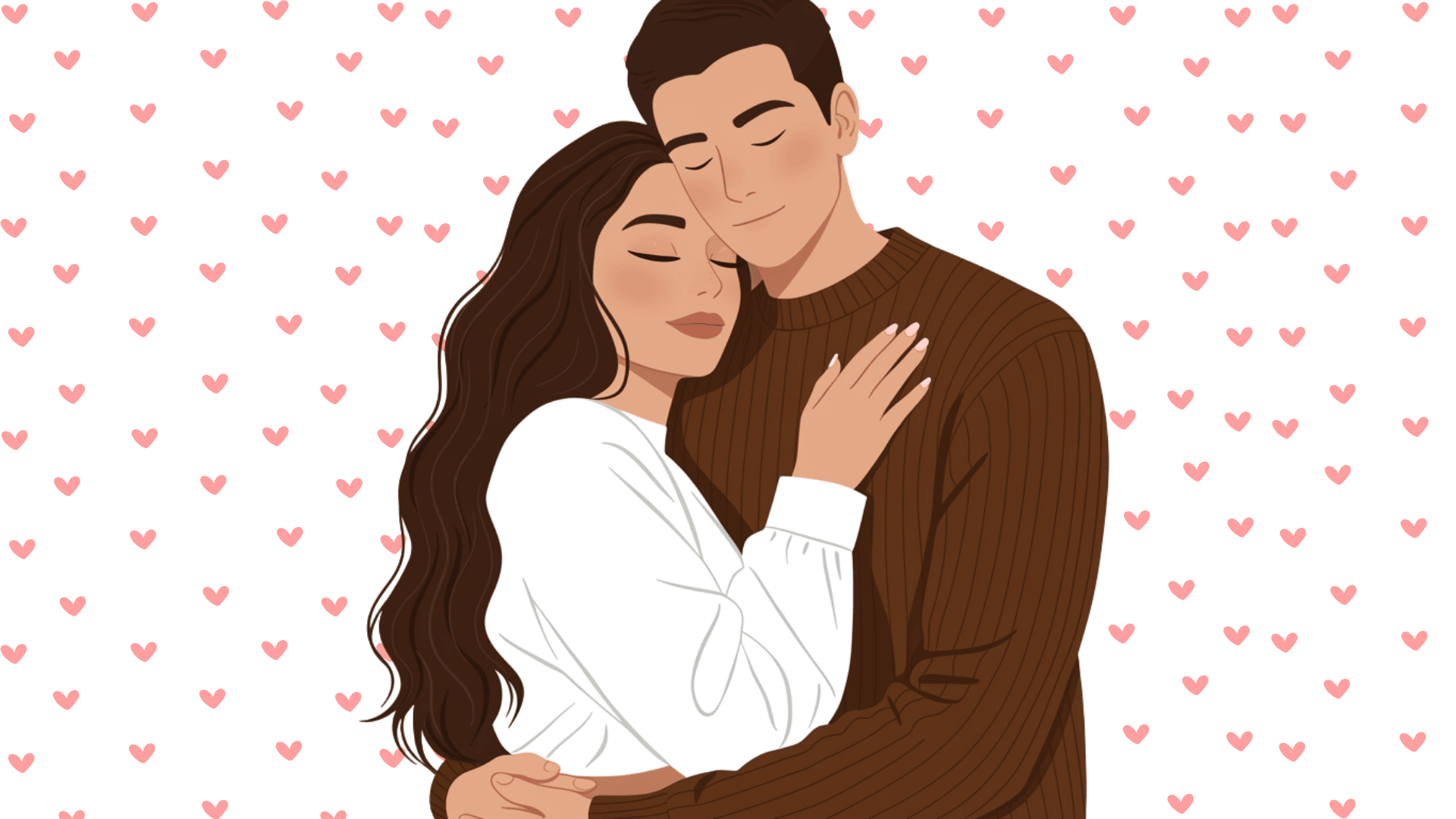Illustration of a loving couple embracing against a white background dotted with small pink hearts