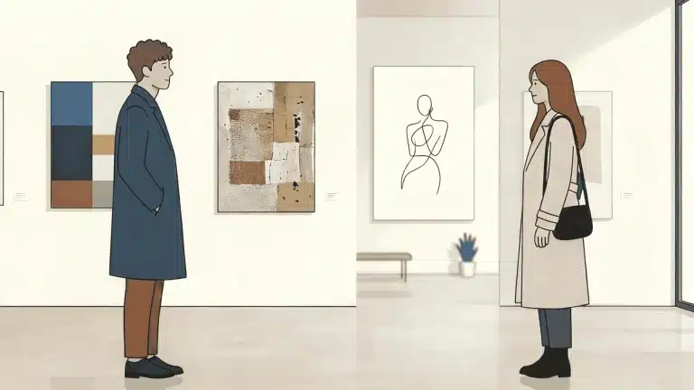 Illustration of a man in a blue coat and a woman in a beige coat standing on opposite sides of an art gallery viewing abstract and line art pieces