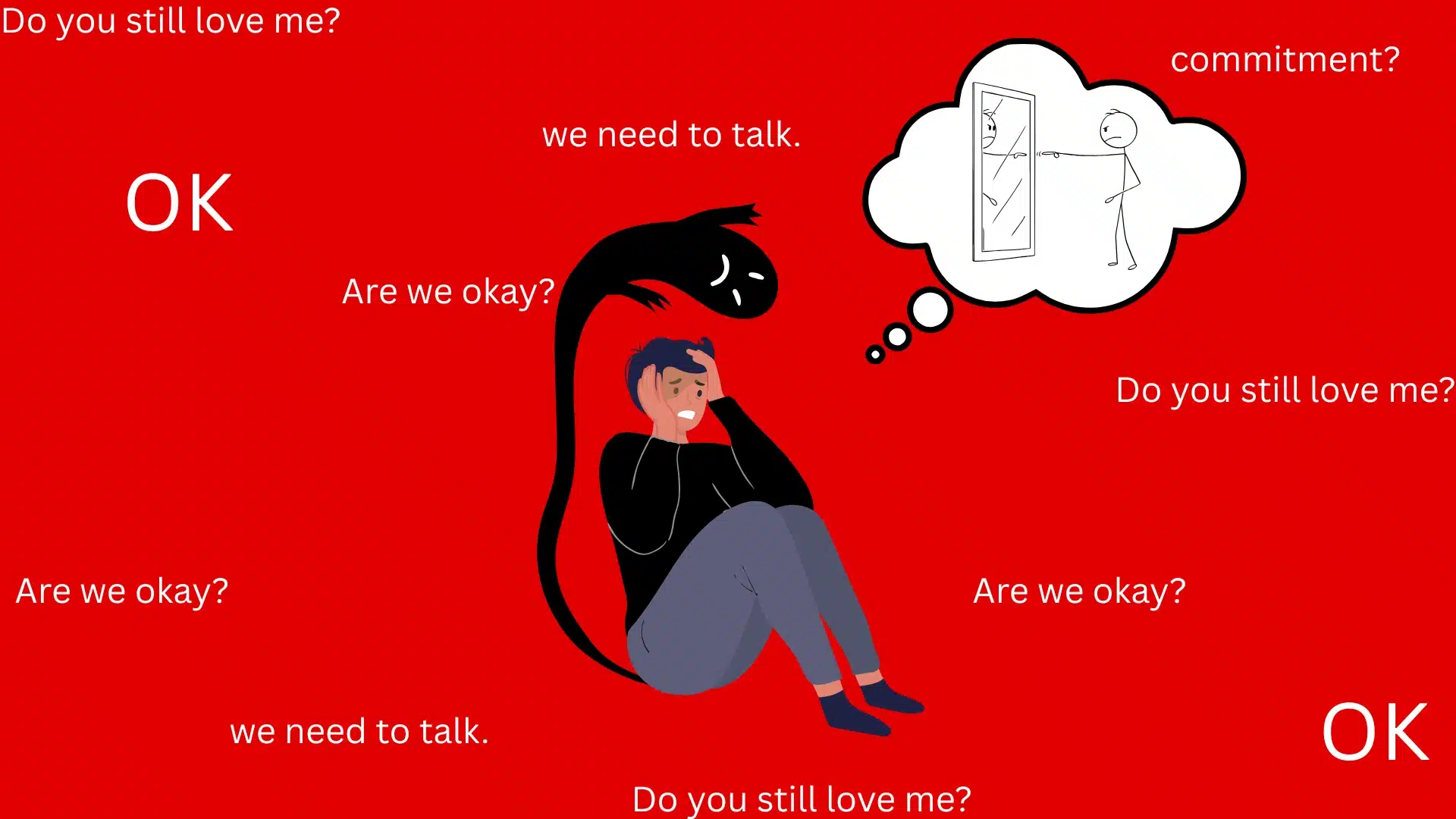 Illustration of a person sitting with hands on their head, overshadowed by a dark shadow, surrounded by anxious phrases