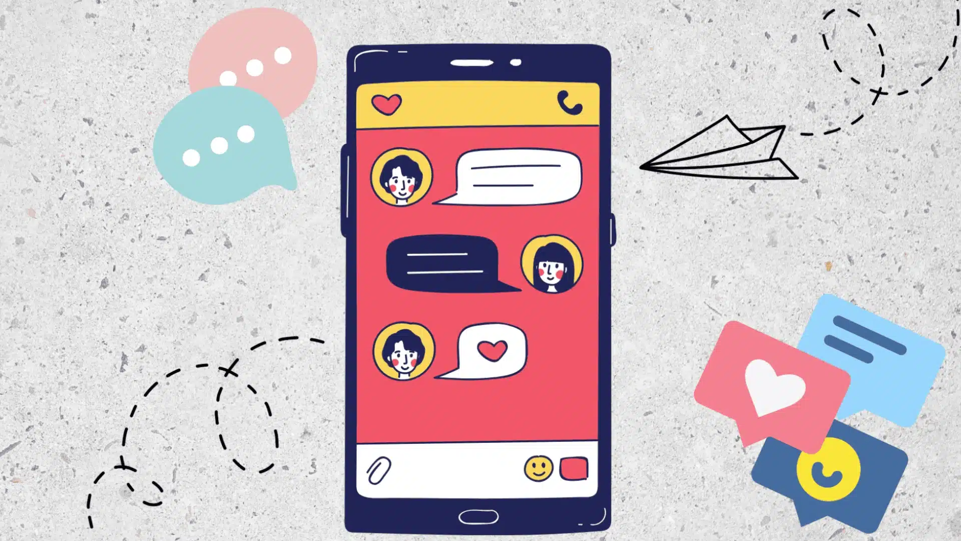 Illustration of a smartphone showing a dating app with text bubbles and heart icons on a textured light grey background (2)